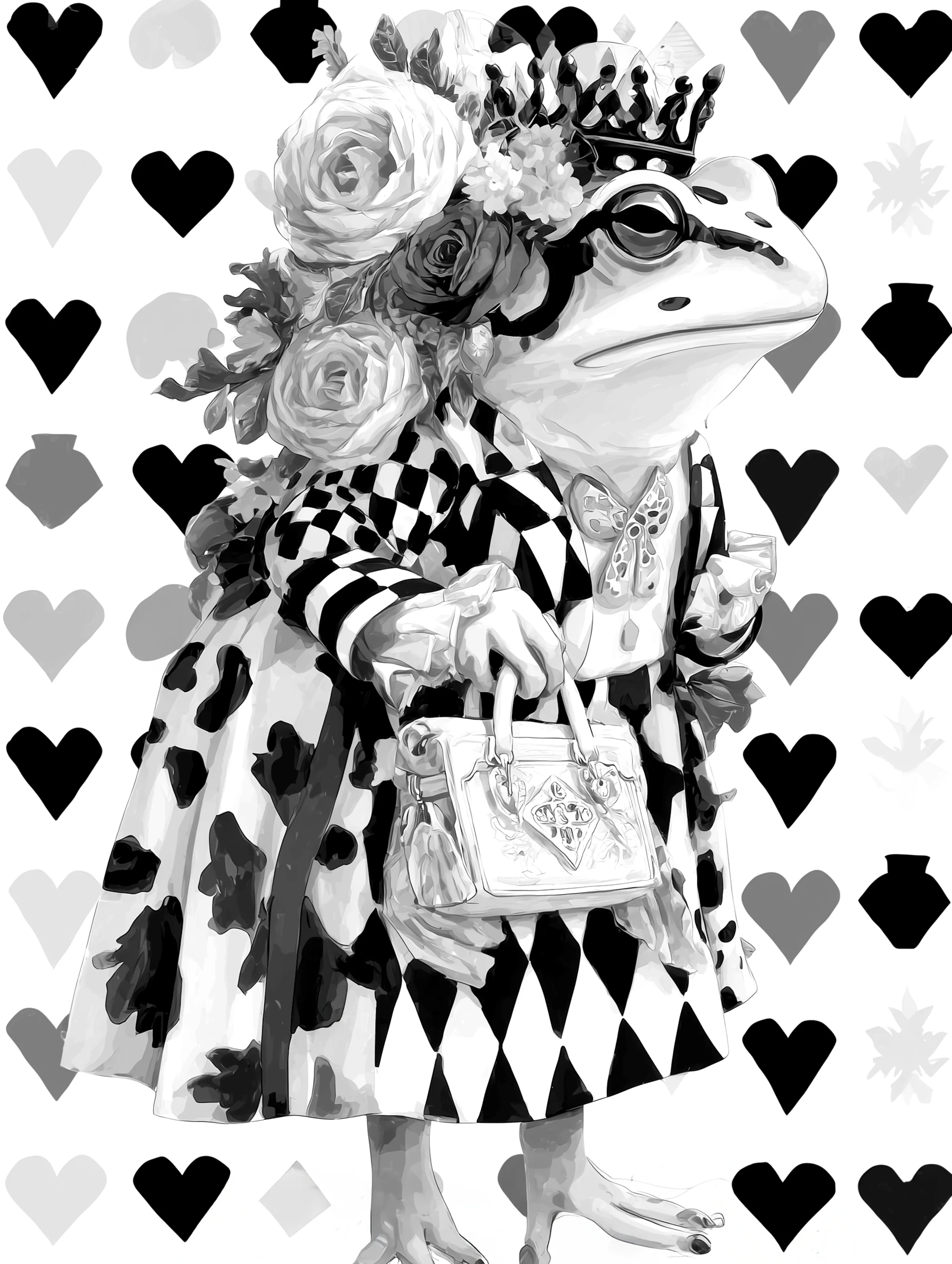 Free printable frog coloring page for adults featuring royal frog holding purse with a crown